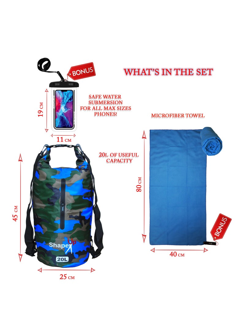 SHAPE UP - Waterproof Marine Dry Bag Backpack PVC 500 Tarpaulin 20L With Pocket and Towel & Phone Case - Image 1