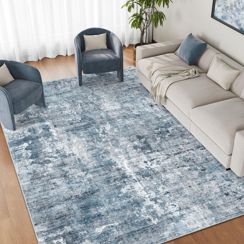Soalmost Abstract Rug 5x7 Machine Washable Area Indoor Blue Low Pile Non-Slip Foldable Thin Accent Rugs for Bedroom Living Room Dining Room - Image 1