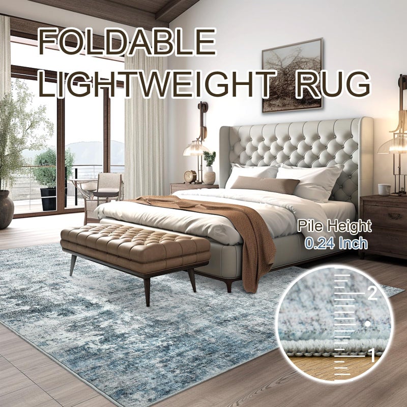 Soalmost Abstract Rug 5x7 Machine Washable Area Indoor Blue Low Pile Non-Slip Foldable Thin Accent Rugs for Bedroom Living Room Dining Room - Image 2