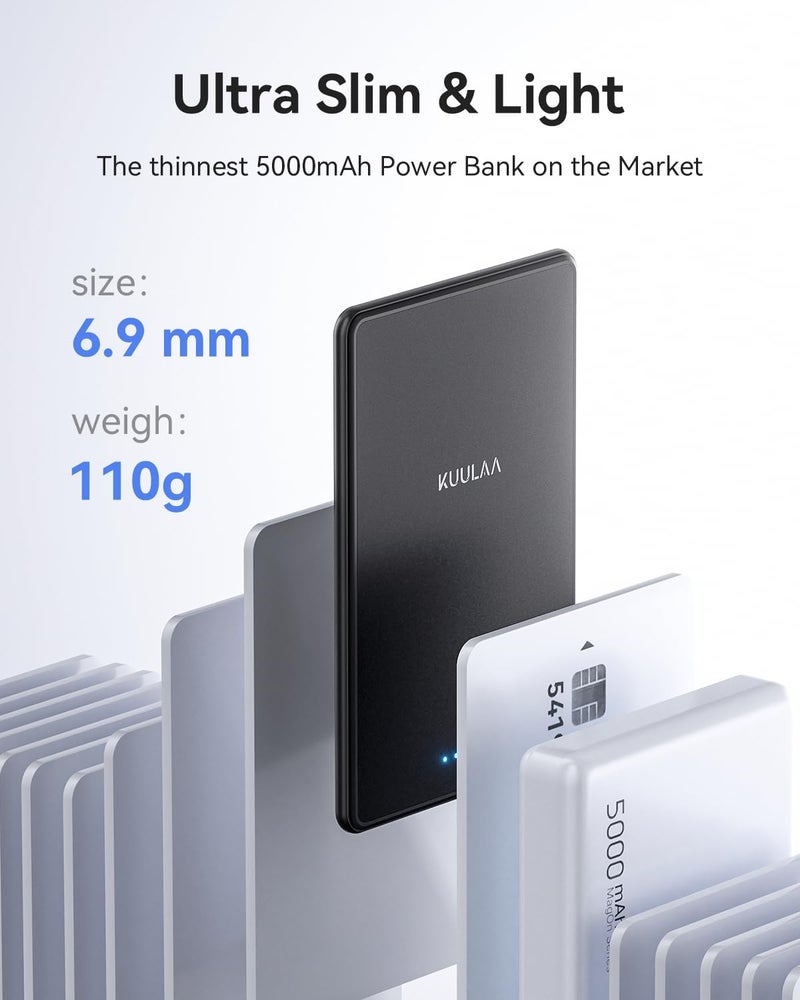 KUULAA Magsafe Power Bank 5000mAh 20W, Wireless Portable Charger Fast Charging, Magnetic Battery Pack Compatible with iPhone 17/16/15/14/13/12 Serie - Matte Black - Image 2