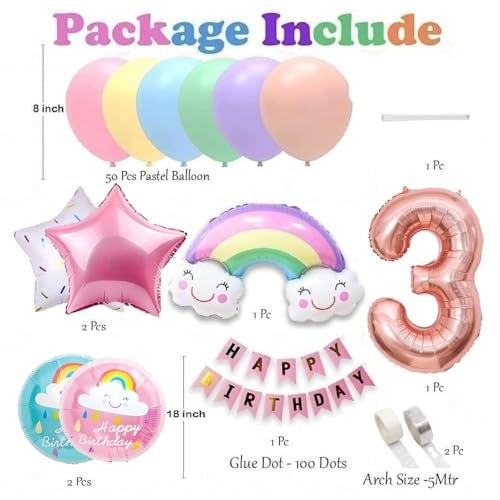 Pop The Party 59-Piece Pastel Rainbow Balloon Arch Garland Kit – Birthday Balloons with Happy Birthday Banner, Arch & Glue Dots for 3rd Birthday Decoration - Image 2