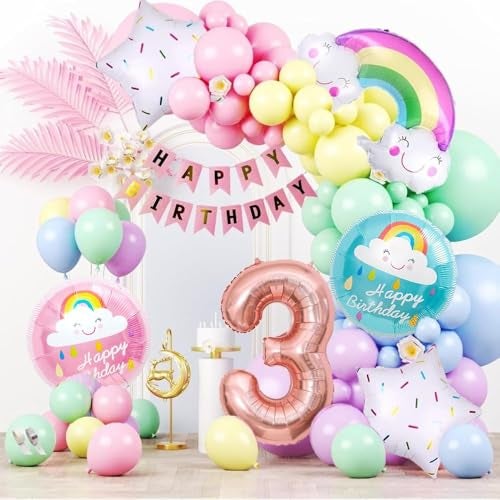 Pop The Party 59-Piece Pastel Rainbow Balloon Arch Garland Kit – Birthday Balloons with Happy Birthday Banner, Arch & Glue Dots for 3rd Birthday Decoration - Image 1