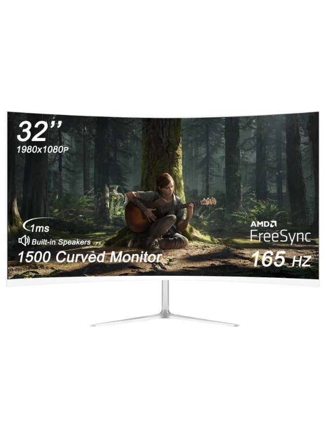 شاشة ألعاب منحنية مقاس 32 بوصة بدقة Full HD 1080P 1920x1080 وإضاءة خلفية RGB، مع معدل تحديث 165 هرتز (يدعم 144 هرتز) وحماية للعين، وتقنية AMD Freesync، 1500R، ومنفذ DP واحد ومنفذ HDMI واحد (أبيض) - Image 1