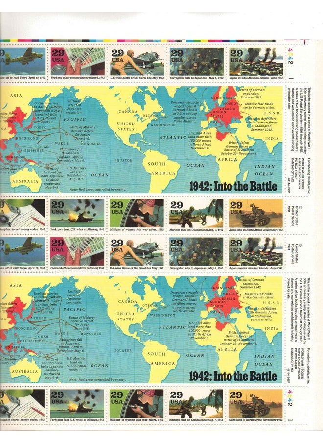 USPS 1942 Into The Battle World War Ii (Sheet Of 20) 29 Cent Wwii Events Postage Stamps 1992 Scott 2697  - Image 2
