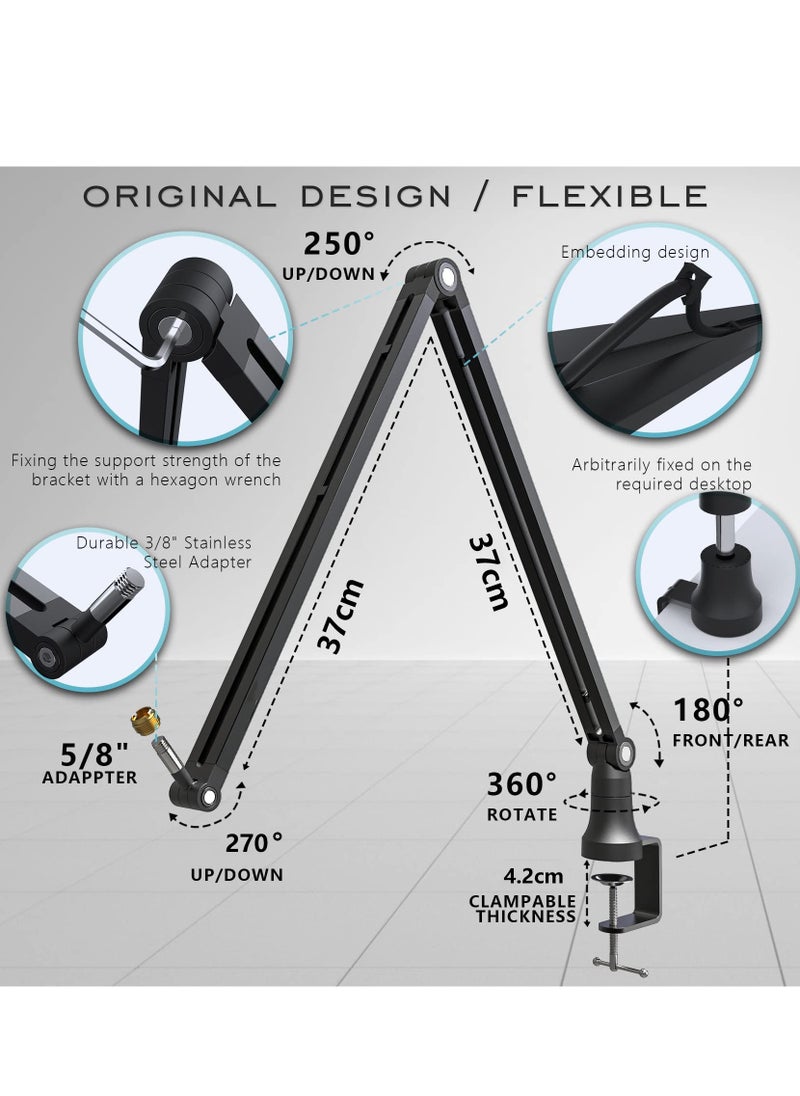 Mic Arm, Boom Arm 360° Rotatable Microphone Stand with Desk Mount, Foldable Desk Mic Arm with 3/8 to 5/8 inch Screw Adapter, Microphone Arm for Live Streaming, Gaming, Podcasting