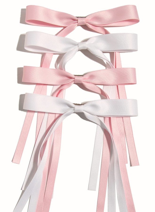 LFOUVRE 4pcs Tassel Ribbon Bowknot Hair Clips with Long Tails, Solid Claw Barrettes with Bows for Girls and Women - Hair Accessories (Pink White) - Image 1