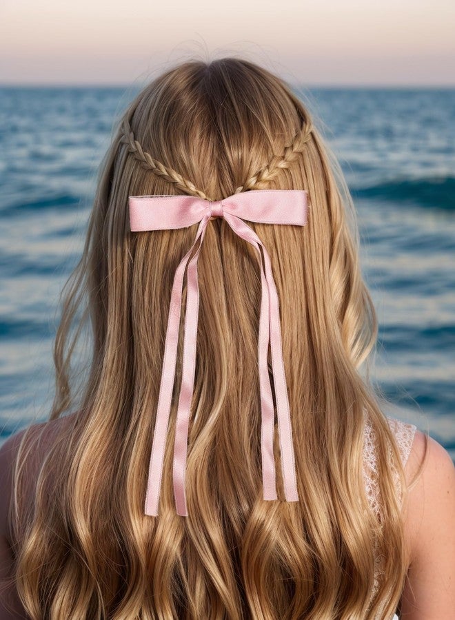 LFOUVRE 4pcs Tassel Ribbon Bowknot Hair Clips with Long Tails, Solid Claw Barrettes with Bows for Girls and Women - Hair Accessories (Pink White) - Image 5