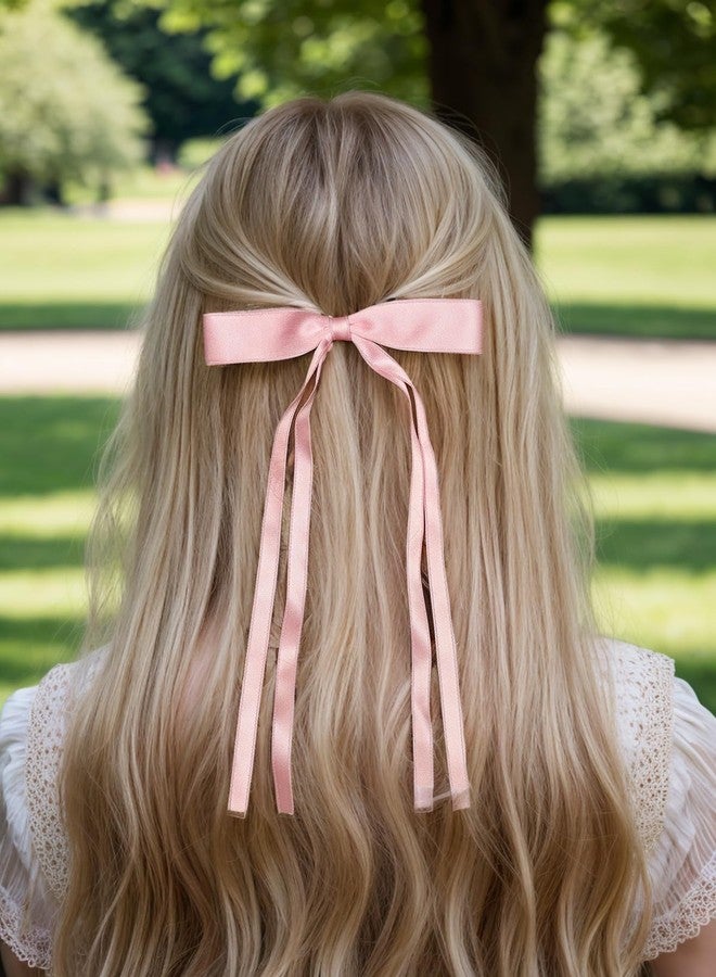 LFOUVRE 4pcs Tassel Ribbon Bowknot Hair Clips with Long Tails, Solid Claw Barrettes with Bows for Girls and Women - Hair Accessories (Pink White) - Image 3