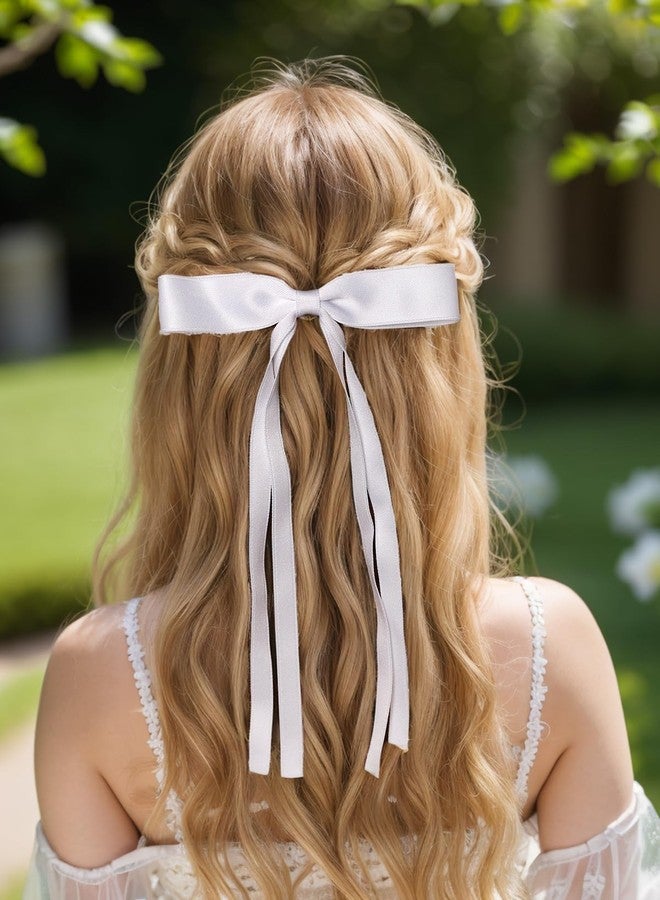 LFOUVRE 4pcs Tassel Ribbon Bowknot Hair Clips with Long Tails, Solid Claw Barrettes with Bows for Girls and Women - Hair Accessories (Pink White) - Image 2