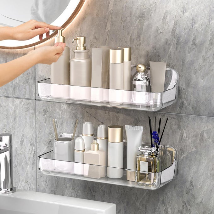 2PACK ACRYLIC SHOWER SHELVES NO DRILLING ADHESIVE SHOWER SHELF LARGE CAPACITY ADHESIVE BATHROOM SHELF WITH DRAIN HOLESLARGE