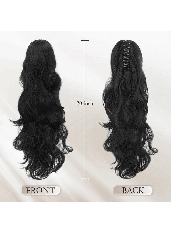 BARSDAR Claw Clip Black Ponytail Extension - 20 Inch Long Wavy Black Ponytail Hair Extensions For Women - Synthetic Clip In Ponytails Hairpieces Daily Party Halloween - Black - Image 1