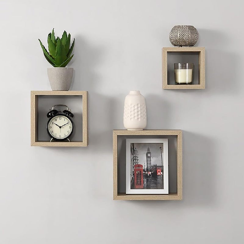 AsolBD FLOATING SHELVES WALL SQUARE CUBE FOR LIVING ROOM BEDROOM, BATHROOM, HOME AND KITCHEN STORAGE, DISPLAY SHELF MOUNTED STORAGE DURABLE STYLISH & VERSATILE SET OF 3 (Natural, Large 25 CM) - Image 5