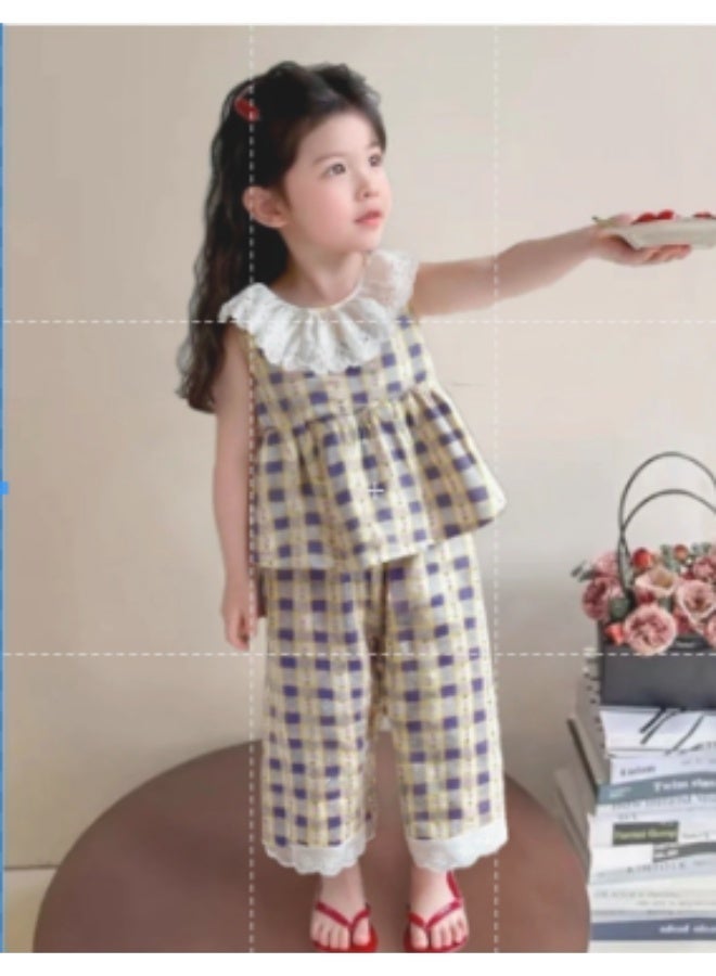 Ayada Home طقم بنات 2 قطعة بأسلوب فرنسي، قميص مزخرف بلا أكمام مع ياقة دانتيل + بنطلون واسع الساق - Image 4
