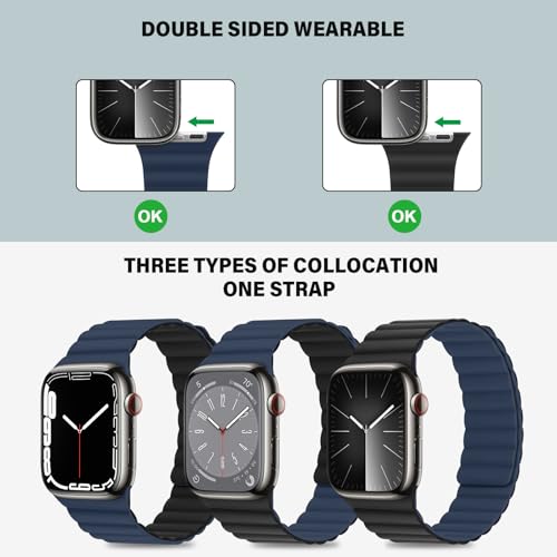 Bisikor Compatible with Apple Watch Band 49 46 45 44 42 41 40 38mm Double Sided Wearable Silicone Magnetic Strap for iWatch Ultra SE Series 11 10 9 8 7 6 5 4 3 2 1 (38/40/41/42, Black/Dark Blue) - Image 3
