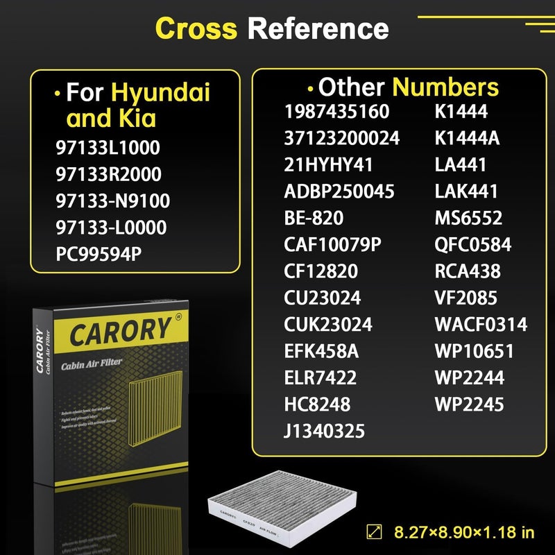 Carory Cabin Air Filter w/Activated Carbon for Hyundai, Kia, Genesis - Tucson, Elantra, Santa Fe, Santa Cruz, Sportage, Sorento, Sonata, Ioniq 5, Ioniq 6, K5, Elantra N, Niro, EV6, EV9, GV60 - Image 3