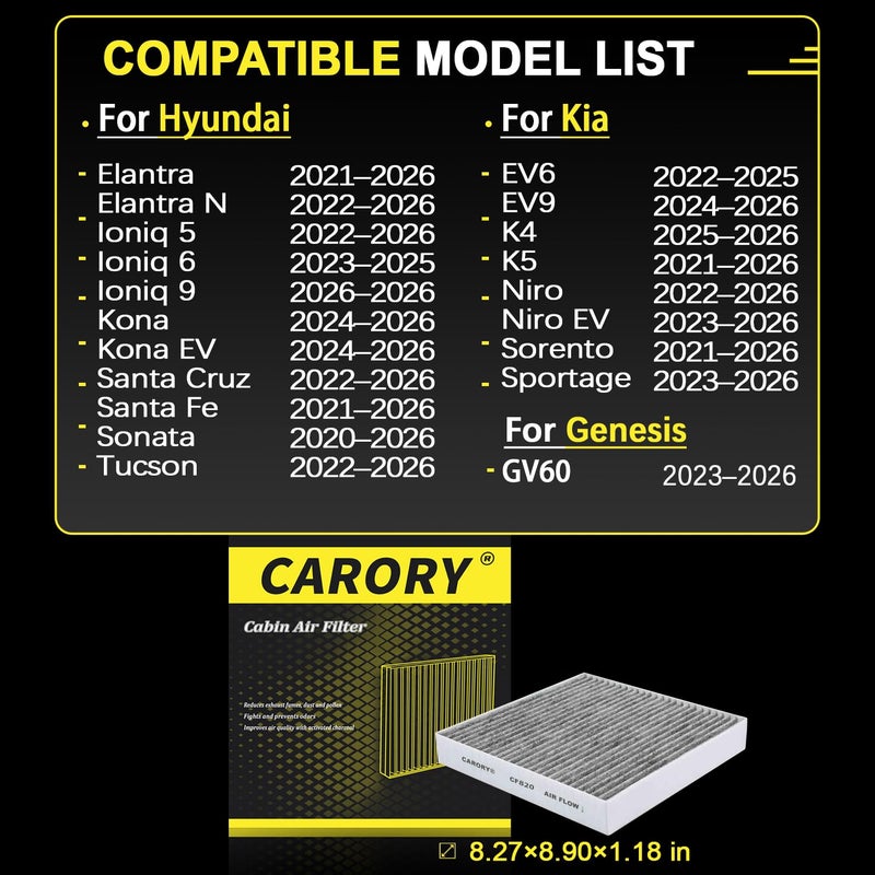 Carory Cabin Air Filter w/Activated Carbon for Hyundai, Kia, Genesis - Tucson, Elantra, Santa Fe, Santa Cruz, Sportage, Sorento, Sonata, Ioniq 5, Ioniq 6, K5, Elantra N, Niro, EV6, EV9, GV60 - Image 2