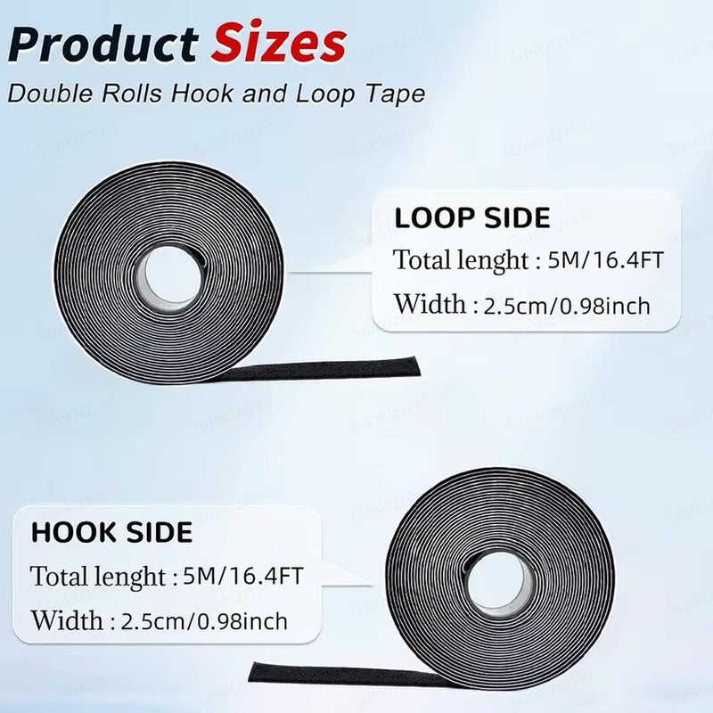 Sunkizzrs ® 5m Hook + 5m Loop (Width-25mm) Tape Roll Strips with Adhesive Back Mounting Tape for Picture and Tools Hanging Pedal Board Fastening Black Stick-On Tape - Image 2