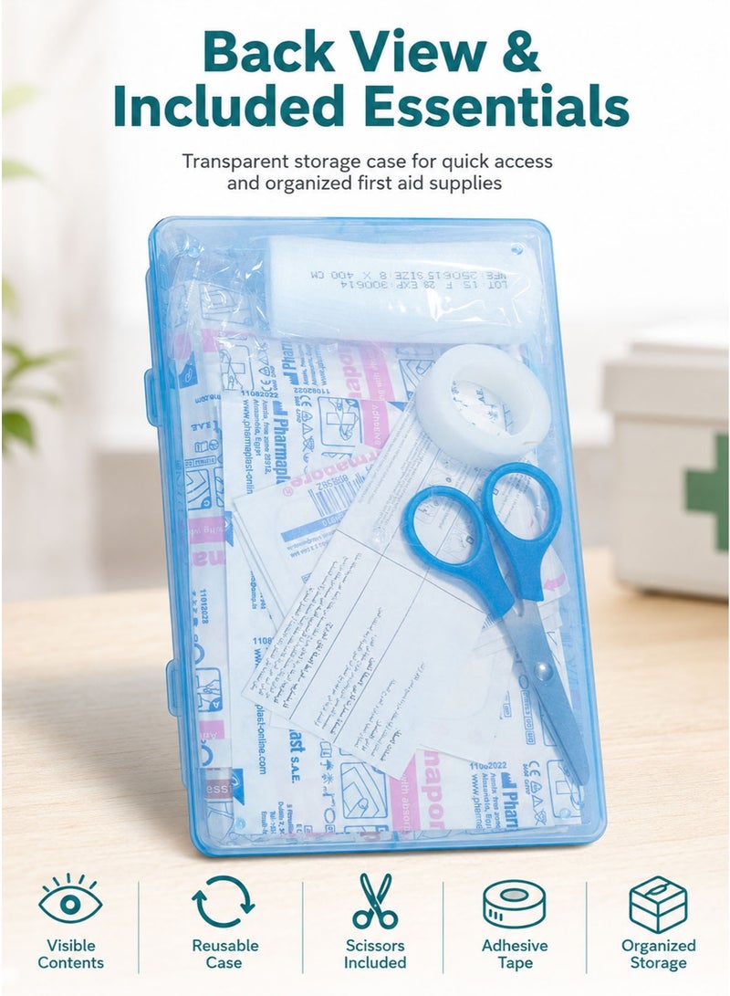 Smart Therapy SmartTherapy 55-Piece First Aid Kit with 36 Waterproof Adhesive Plasters, Airoplast Adhesive Tape 1.25 cm × 5 m, 5 Pharmapad Dressings 5 × 5 cm, 10 Pharmapore Adhesive Dressings in 50 × 72 mm, 6 × 8 cm and 8 × 10 cm Sizes, Gauza Bandage 8 × 400 cm, Scissors, Usage Guide and Reusable Blue Storage Case, Made in Egypt - Image 5