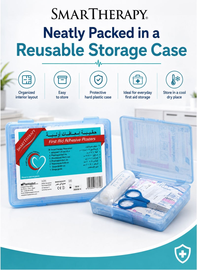 Smart Therapy SmartTherapy 55-Piece First Aid Kit with 36 Waterproof Adhesive Plasters, Airoplast Adhesive Tape 1.25 cm × 5 m, 5 Pharmapad Dressings 5 × 5 cm, 10 Pharmapore Adhesive Dressings in 50 × 72 mm, 6 × 8 cm and 8 × 10 cm Sizes, Gauza Bandage 8 × 400 cm, Scissors, Usage Guide and Reusable Blue Storage Case, Made in Egypt - Image 3