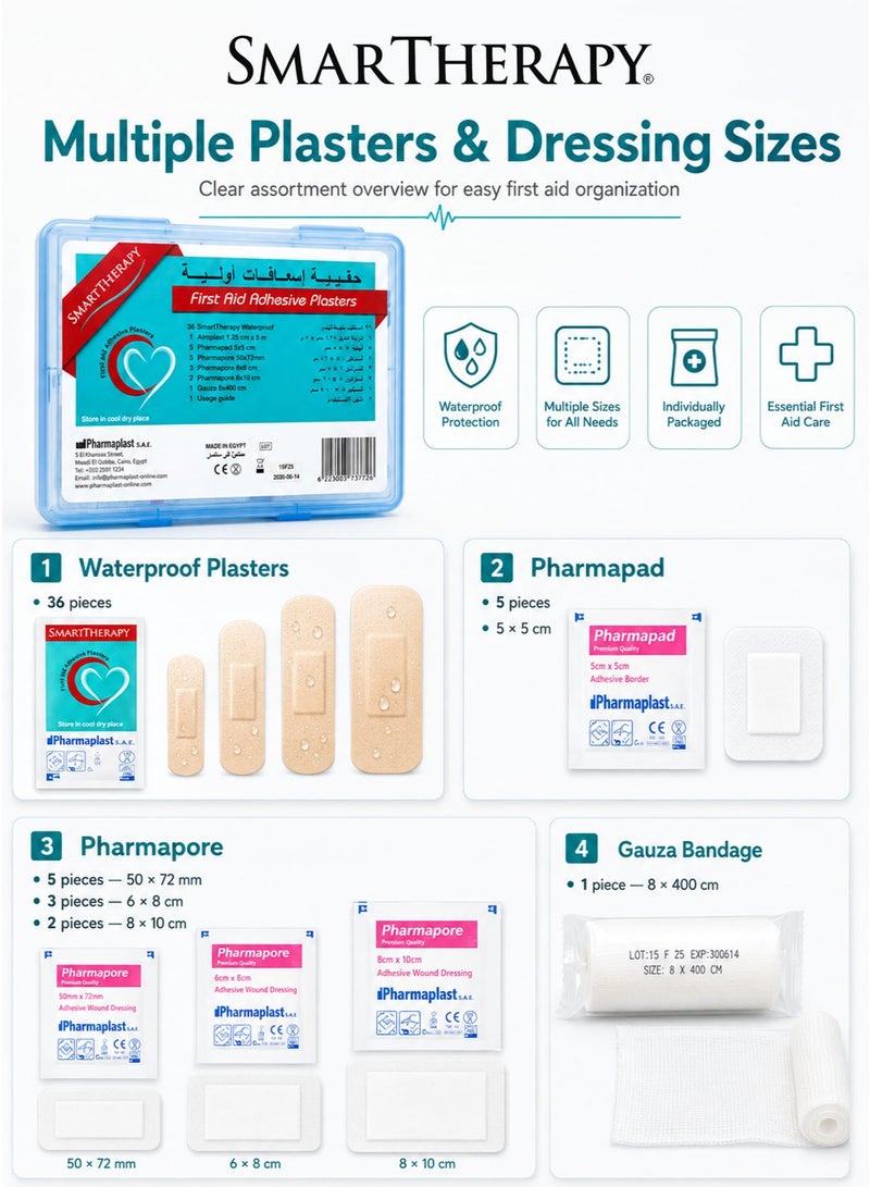 Smart Therapy SmartTherapy 55-Piece First Aid Kit with 36 Waterproof Adhesive Plasters, Airoplast Adhesive Tape 1.25 cm × 5 m, 5 Pharmapad Dressings 5 × 5 cm, 10 Pharmapore Adhesive Dressings in 50 × 72 mm, 6 × 8 cm and 8 × 10 cm Sizes, Gauza Bandage 8 × 400 cm, Scissors, Usage Guide and Reusable Blue Storage Case, Made in Egypt - Image 2
