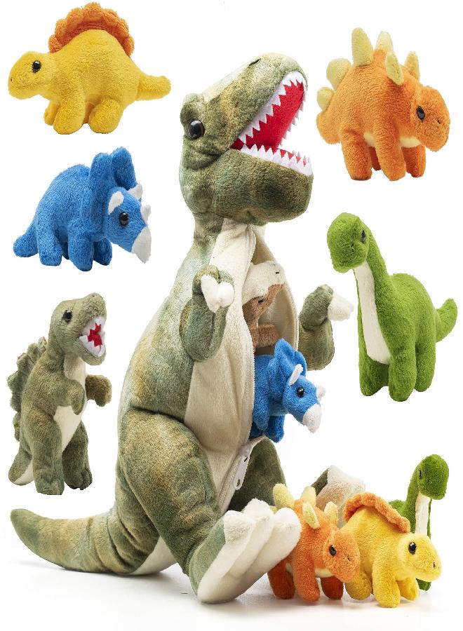 Prextex PREXTEX 15" T-Rex Dinosaur Stuffed Animal Set with 5 Dino Plush Toys Inside - Large Zippered Pouch Dinosaur for Boys & Girls - Stuffed Animals for Girls & Boys Ages 3-5 - Colorful & Soft Plushies - Image 1