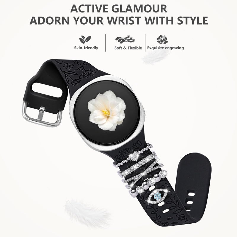 DaQin Flower Engraved Bands Compatible with Samsung Galaxy Watch 8 Band 40mm 44mm/Galaxy Watch 8 Classic 46mm, Soft Silicone Replacement Strap with Fancy Decorative Charms Accessories for Women - Image 5