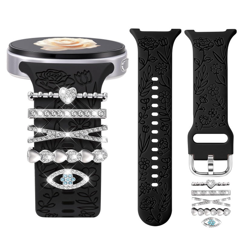 DaQin Flower Engraved Bands Compatible with Samsung Galaxy Watch 8 Band 40mm 44mm/Galaxy Watch 8 Classic 46mm, Soft Silicone Replacement Strap with Fancy Decorative Charms Accessories for Women - Image 1