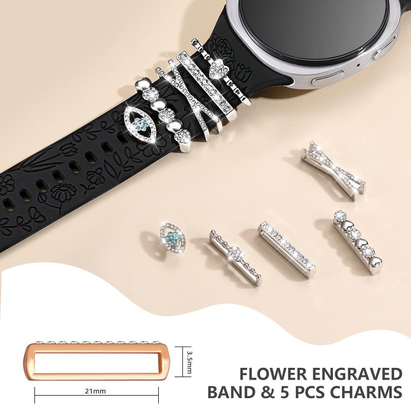 DaQin Flower Engraved Bands Compatible with Samsung Galaxy Watch 8 Band 40mm 44mm/Galaxy Watch 8 Classic 46mm, Soft Silicone Replacement Strap with Fancy Decorative Charms Accessories for Women - Image 4
