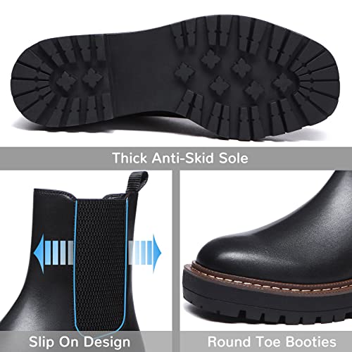 Athlefit Women's Chelsea Ankle Boots Platform Slip On Chunky Heel Lug Sole Leather Booties Black 7.5 - Image 5