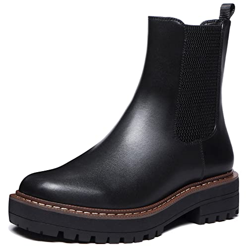 Athlefit Women's Chelsea Ankle Boots Platform Slip On Chunky Heel Lug Sole Leather Booties Black 7.5 - Image 1