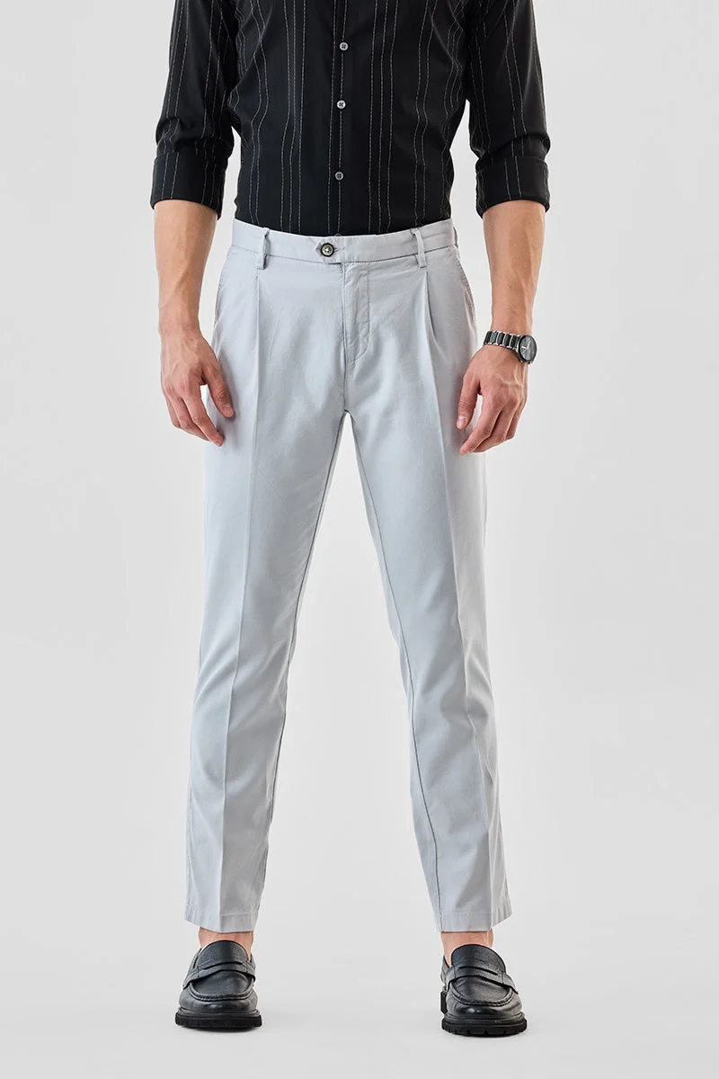 SNITCH Light Grey Solid Slim Fit Casual Trousers