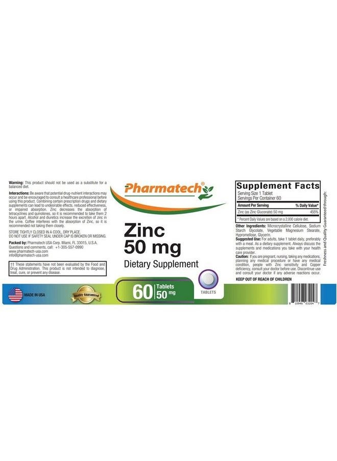 PHARMATECH - Zinc 50 Mg Immune Support Supplement Elemental Zinc Chelated Gluconate Mineral Antioxidant For Man And Woman Health Acne Easy To Swallow 60 Tablets By Pharmatech® - Image 1