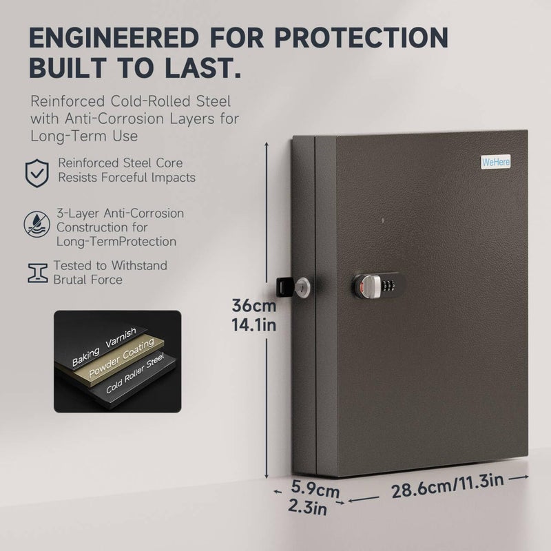 WeHere صندوق قفل مفاتيح WeHere 32 مفتاح مع قفل مزدوج، قفل تركيبي وفتح بالمفتاح، خزانة مفاتيح مثبتة على الحائط مع ملصق علامة المفتاح، صندوق تخزين حامل المفاتيح للمتجر، المكتب، الشركة، المنزل، دليل مفاتيح التطبيق ERP - Image 2