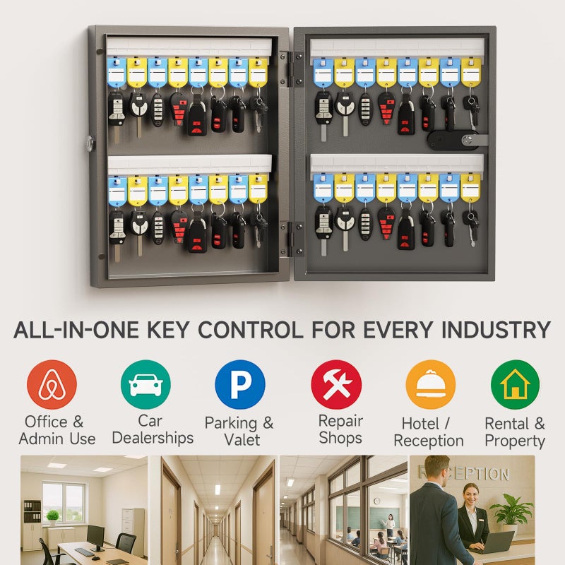 WeHere صندوق قفل مفاتيح WeHere 32 مفتاح مع قفل مزدوج، قفل تركيبي وفتح بالمفتاح، خزانة مفاتيح مثبتة على الحائط مع ملصق علامة المفتاح، صندوق تخزين حامل المفاتيح للمتجر، المكتب، الشركة، المنزل، دليل مفاتيح التطبيق ERP - Image 5