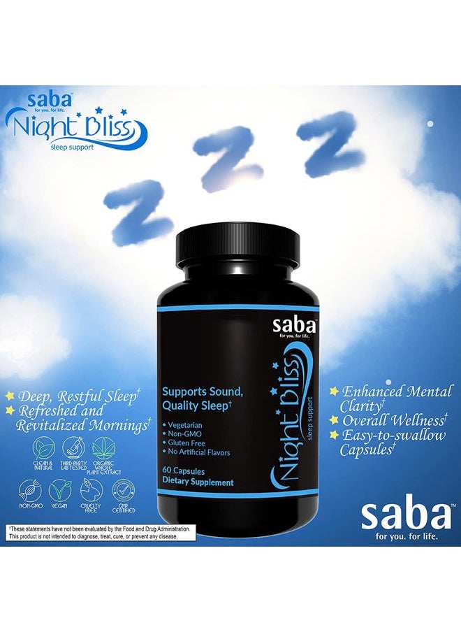 Saba Kombucha Night Bliss Natural Sleep Aid | Non-Habit Forming | Sleep Supplement for Longer Sleep & Stress Relief w/Magnesium, Melatonin, GABA, Chamomile, & Valerian (60 Vegan Capsules, 30 Day Supply)  - Image 4