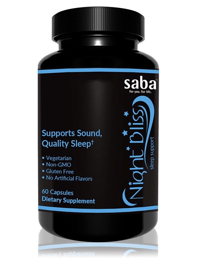 Saba Kombucha Night Bliss Natural Sleep Aid | Non-Habit Forming | Sleep Supplement for Longer Sleep & Stress Relief w/Magnesium, Melatonin, GABA, Chamomile, & Valerian (60 Vegan Capsules, 30 Day Supply)  - Image 1