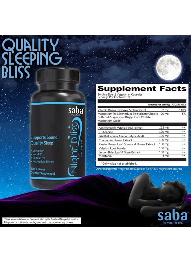 Saba Kombucha Night Bliss Natural Sleep Aid | Non-Habit Forming | Sleep Supplement for Longer Sleep & Stress Relief w/Magnesium, Melatonin, GABA, Chamomile, & Valerian (60 Vegan Capsules, 30 Day Supply)  - Image 2
