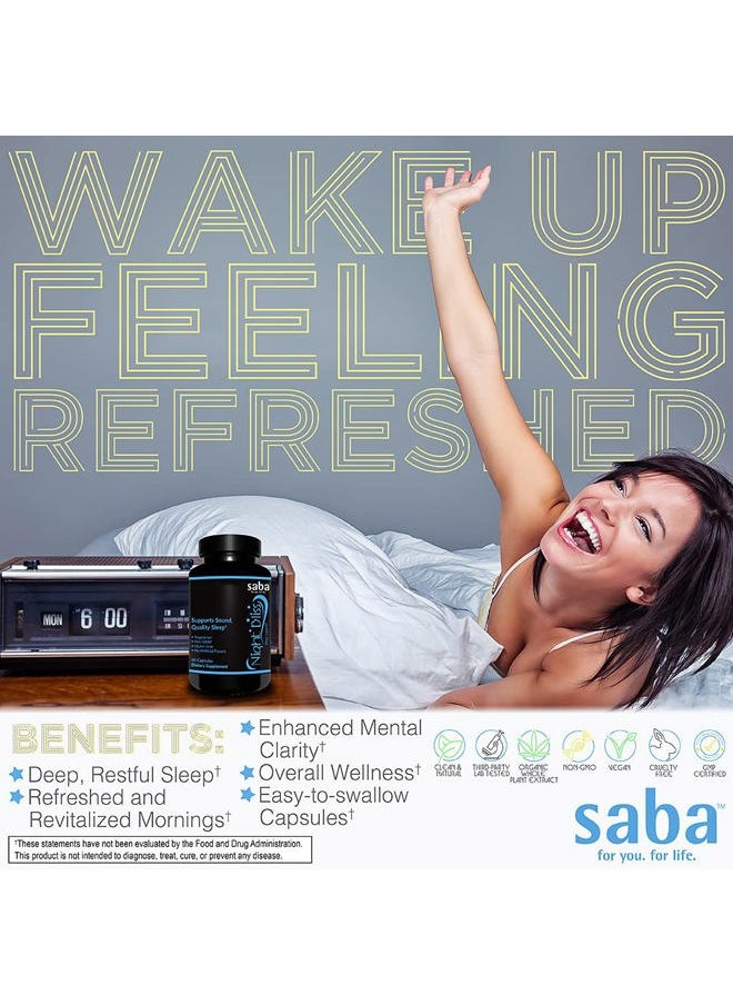 Saba Kombucha Night Bliss Natural Sleep Aid | Non-Habit Forming | Sleep Supplement for Longer Sleep & Stress Relief w/Magnesium, Melatonin, GABA, Chamomile, & Valerian (60 Vegan Capsules, 30 Day Supply)  - Image 3