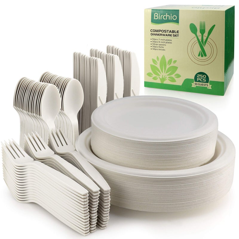 BIRCHIO 250 Piece Biodegradable Paper Plates Set EXTRA LONG UTENSILS Disposable Dinnerware Set Eco Friendly Compostable Plates  Utensil include Plates Forks Knives and Spoons for Party