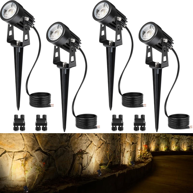 SUNVIE 3W Low Voltage Landscape Lighting LED Landscape Spotlights with Connectors Waterproof Low Voltage Landscape Lights 3000K Warm White Uplights Outdoor Spot Lights for Yard Garden House, 4 Pack - Image 1