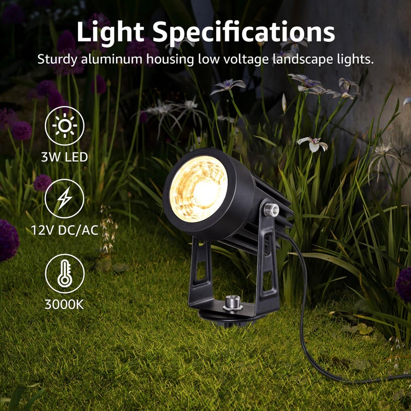 SUNVIE 3W Low Voltage Landscape Lighting LED Landscape Spotlights with Connectors Waterproof Low Voltage Landscape Lights 3000K Warm White Uplights Outdoor Spot Lights for Yard Garden House, 4 Pack - Image 2