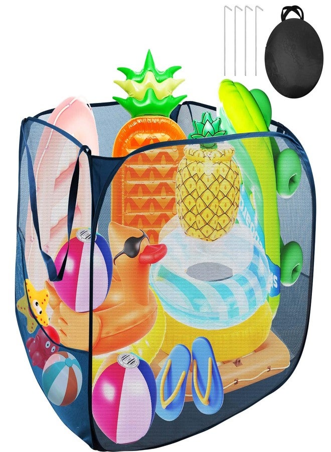 Feoang Pop up Pool Toy Storage Bin,32"X32"X30"Pool Float Organizer Bag with 2 Side Pockets Mesh Swimming Pool Toys Organizer with 4 Ground Nails for Inflatable Toys, Float, Beach Ball and Pool Accessories - Image 1