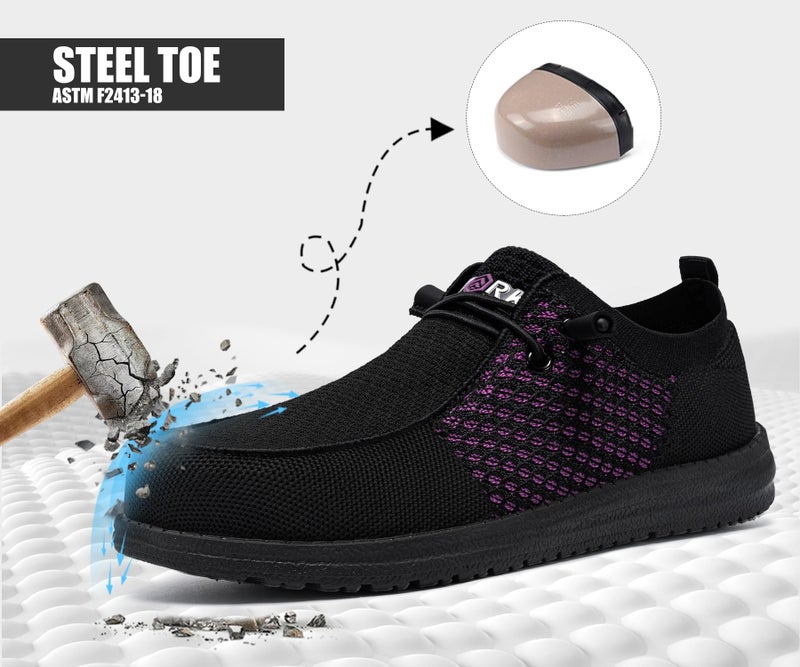 LARNMERN Slip On Steel Toe Loafers Women Work Safety Shoes Lightweight Comfortable Walking Sneakers(7.5 Women, Black Purple) - Image 5