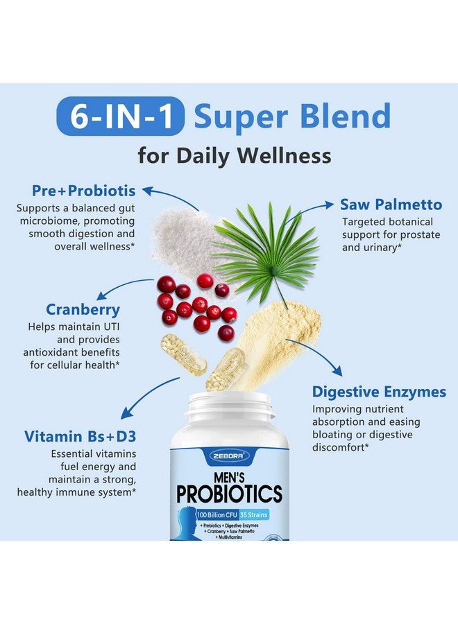 ZEBORA Probiotics-for-Men 100 Billion CFU, Men's Probiotics for Gut Health, Prebiotics + Enzymes + Saw Palmetto + Cranberry, Daily Probiotic for Digestive Health, 180 Caps - Image 5