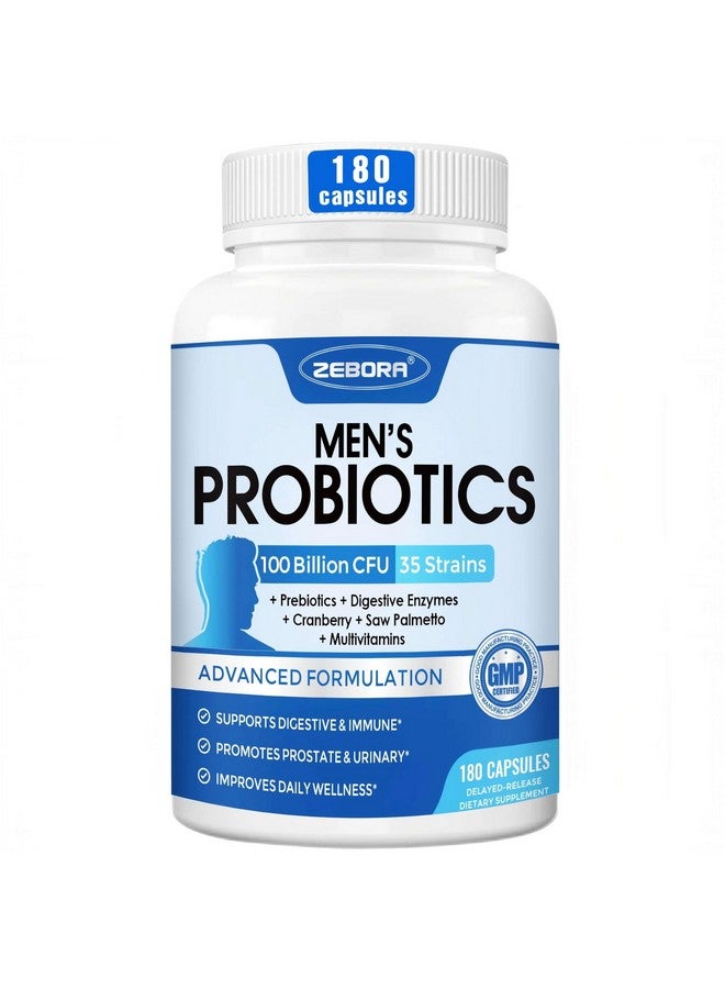 ZEBORA Probiotics-for-Men 100 Billion CFU, Men's Probiotics for Gut Health, Prebiotics + Enzymes + Saw Palmetto + Cranberry, Daily Probiotic for Digestive Health, 180 Caps - Image 1