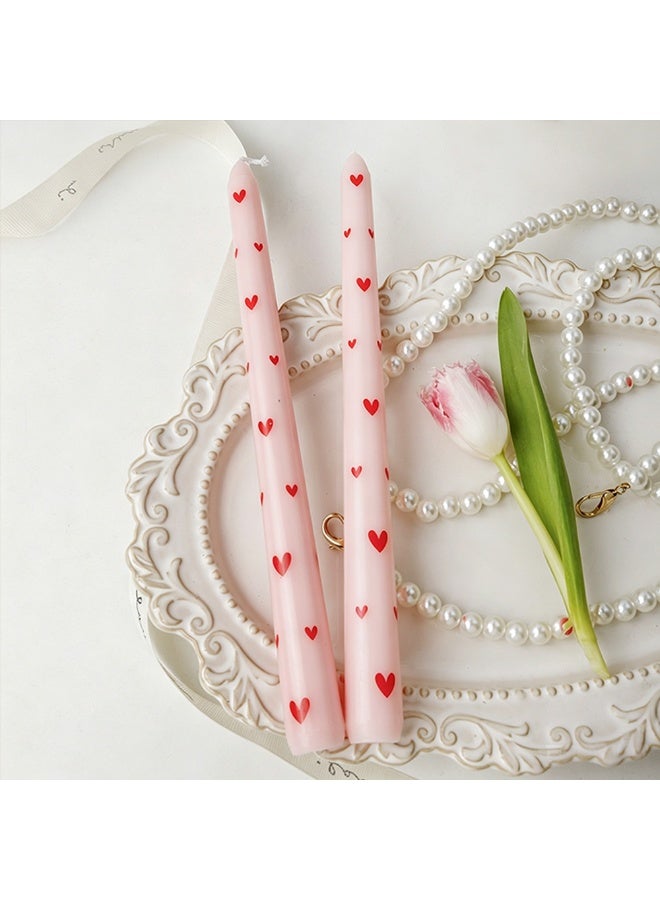 2Pcs Pink Taper Candles with Red Heart Print, Romantic Long Candles for Valentine's Day, Wedding, Dinner Party, Home Decor - Image 1