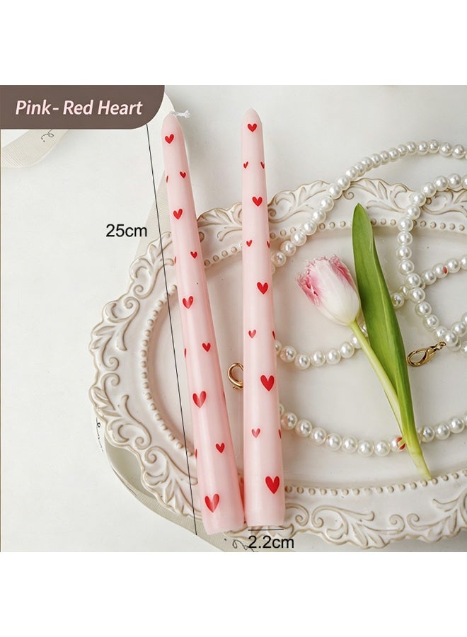 2Pcs Pink Taper Candles with Red Heart Print, Romantic Long Candles for Valentine's Day, Wedding, Dinner Party, Home Decor - Image 2