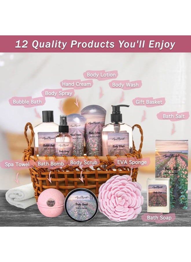 Aqua Elegante - Spa Baskets For Women - Luxury Bath Set With Rose Oil & Orchid - Spa Kit Includes Wash, Bubble Bath, Lotion, Bath Salts, Body Scrub, Body Spray, Shower Puff, Bathbombs, Soap and Towel - Image 1