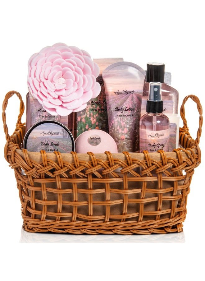Aqua Elegante - Spa Baskets For Women - Luxury Bath Set With Rose Oil & Orchid - Spa Kit Includes Wash, Bubble Bath, Lotion, Bath Salts, Body Scrub, Body Spray, Shower Puff, Bathbombs, Soap and Towel - Image 1