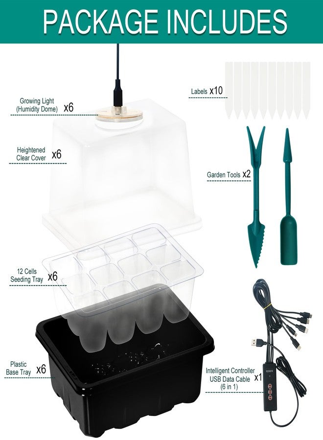 LYDTICK 6-Set Seed Starter Tray with Grow Light, Seed Starting Trays Kits with Timing Controller Adjustable Humidity Domes Heightened Lids(12-Cells Per Tray) - Image 2